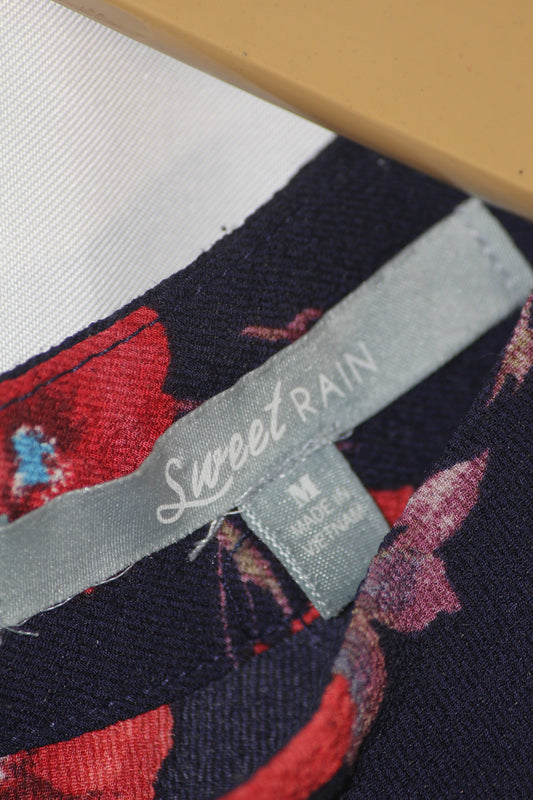 Sweet Rain Black Blouse with Red Floral Design – Medium