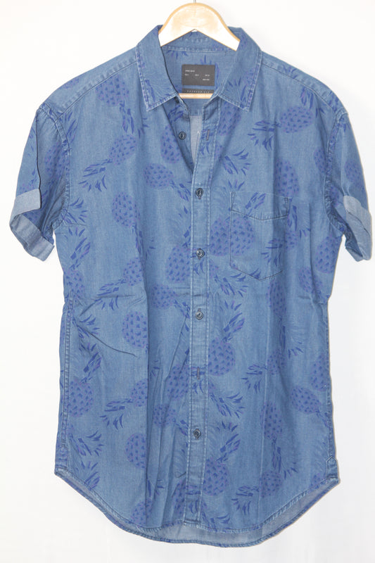 Zara Blue Pineapple Print Denim Shirt – Small (Half Sleeve)