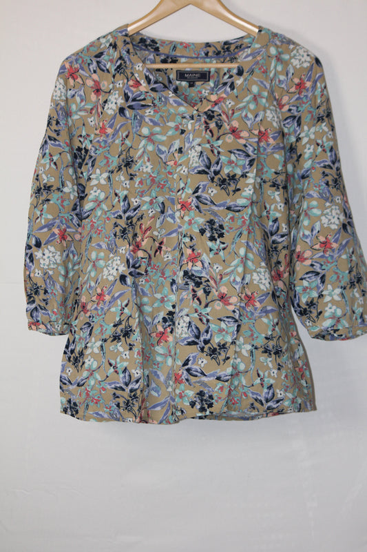 Maine Brown & Blue Floral Full Sleeve Blouse - Medium
