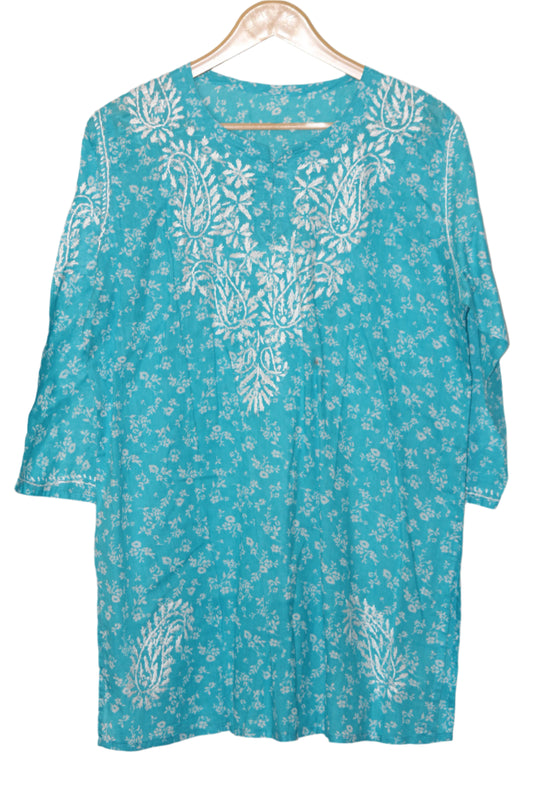 Thriftyfy Medium Blue Cotton Embroidered Blouse