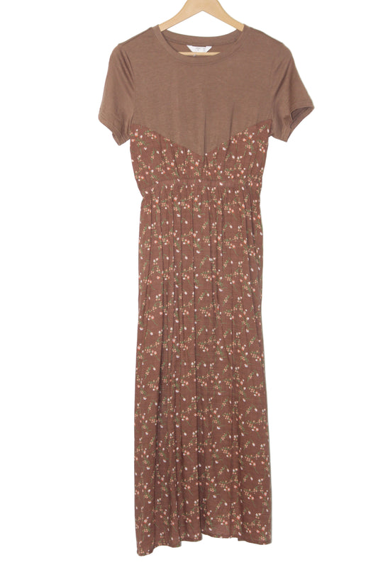 Shaoxing LAMY Brown Floral Long Dress – Elegant Half Sleeve Style