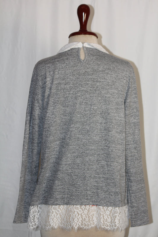 Tu Grey Sweatshirt with White Lace Collar - Medium