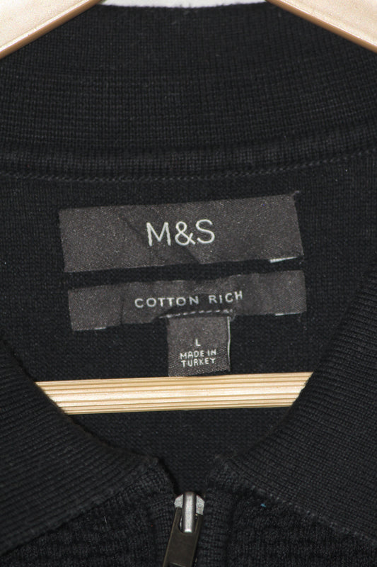 M&S Black Quarter Zip Knitted Polo T-Shirt for Men