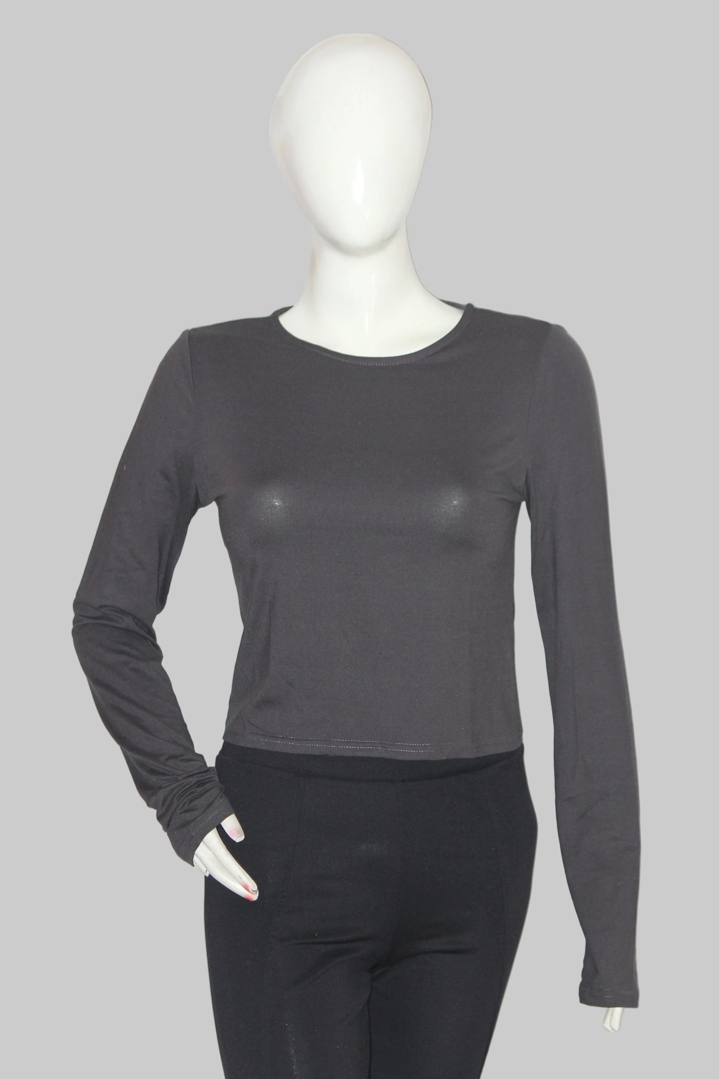 Thriftyfy Grey Full Sleeve Crop Top for Women – Medium