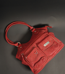 Red Zipper Double Pocket Leather Handbag By MultiSac