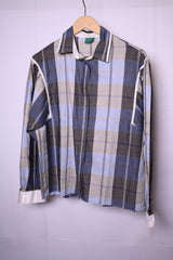 Canda Blue & Grey Checkered Button Down Blouse – Medium