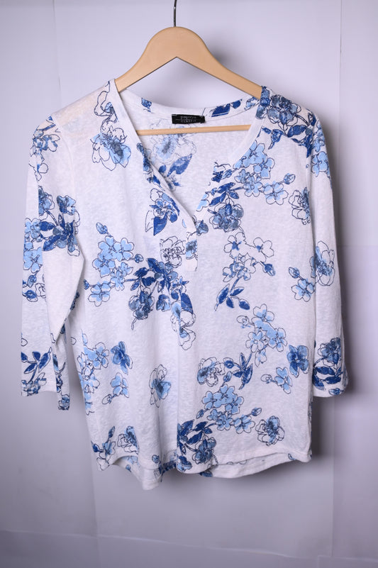 Papaya White Winter Blouse with Blue Flowers (Medium)