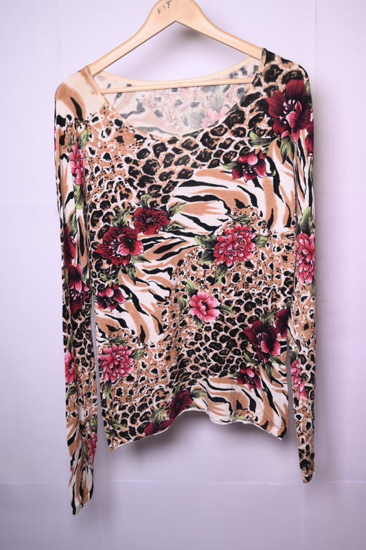 Thriftyfy Brown and White Winter Blouse with Pink Flowers (Medium)