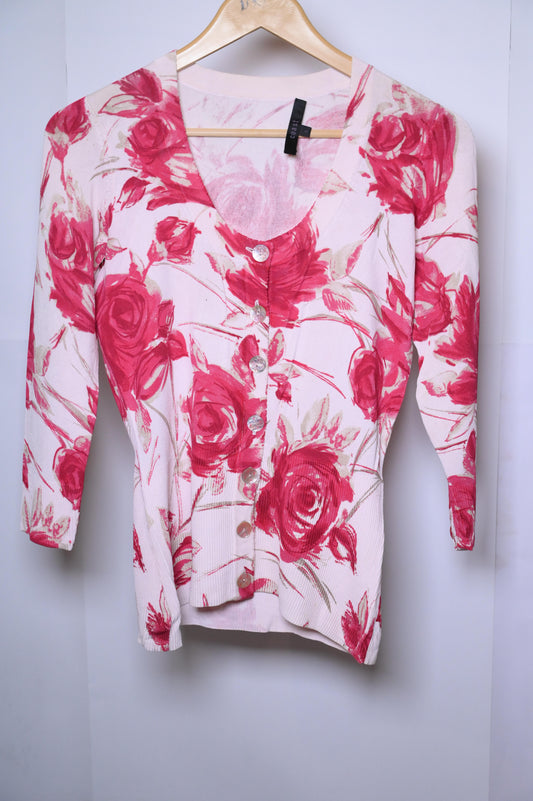 Coast White Viscose Sweater with Pink Flowers – Small