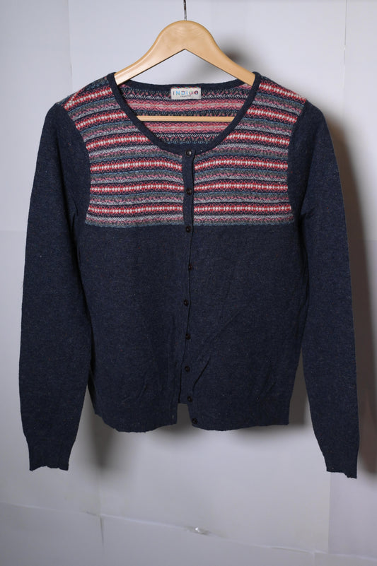 Indigo Blue Sweater with Color Lines - Small