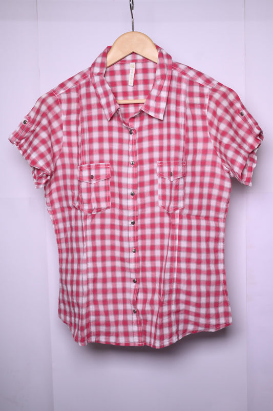 Bevo Red & White Checks Button-Down Blouse