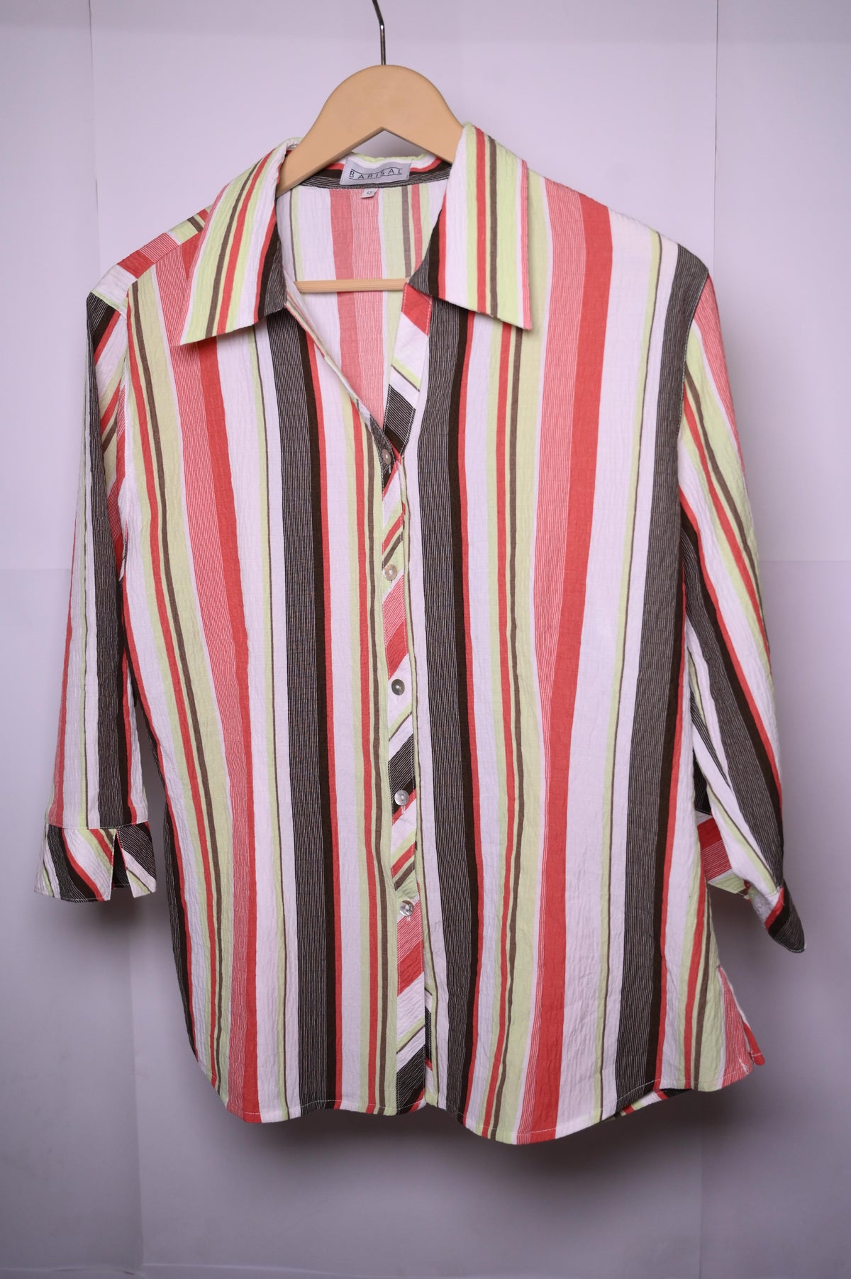 Barisal Red, Green, Brown & White Striped Button Down Shirt – Medium