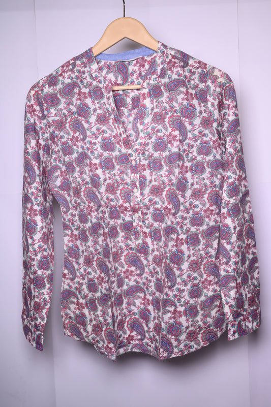 Springfield White Blouse with Blue & Pink Design – Medium