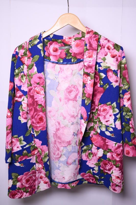 Blue Polyester Shrug with Pink Roses