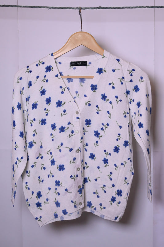 F&F White Sweater with Blue Flowers - Small