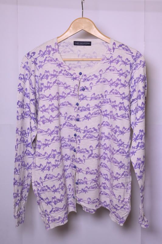 M&S Women's White Sweater with Purple Bird Print