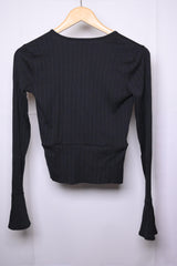 Elegant Black Wrap V-Neck Ribbed Top