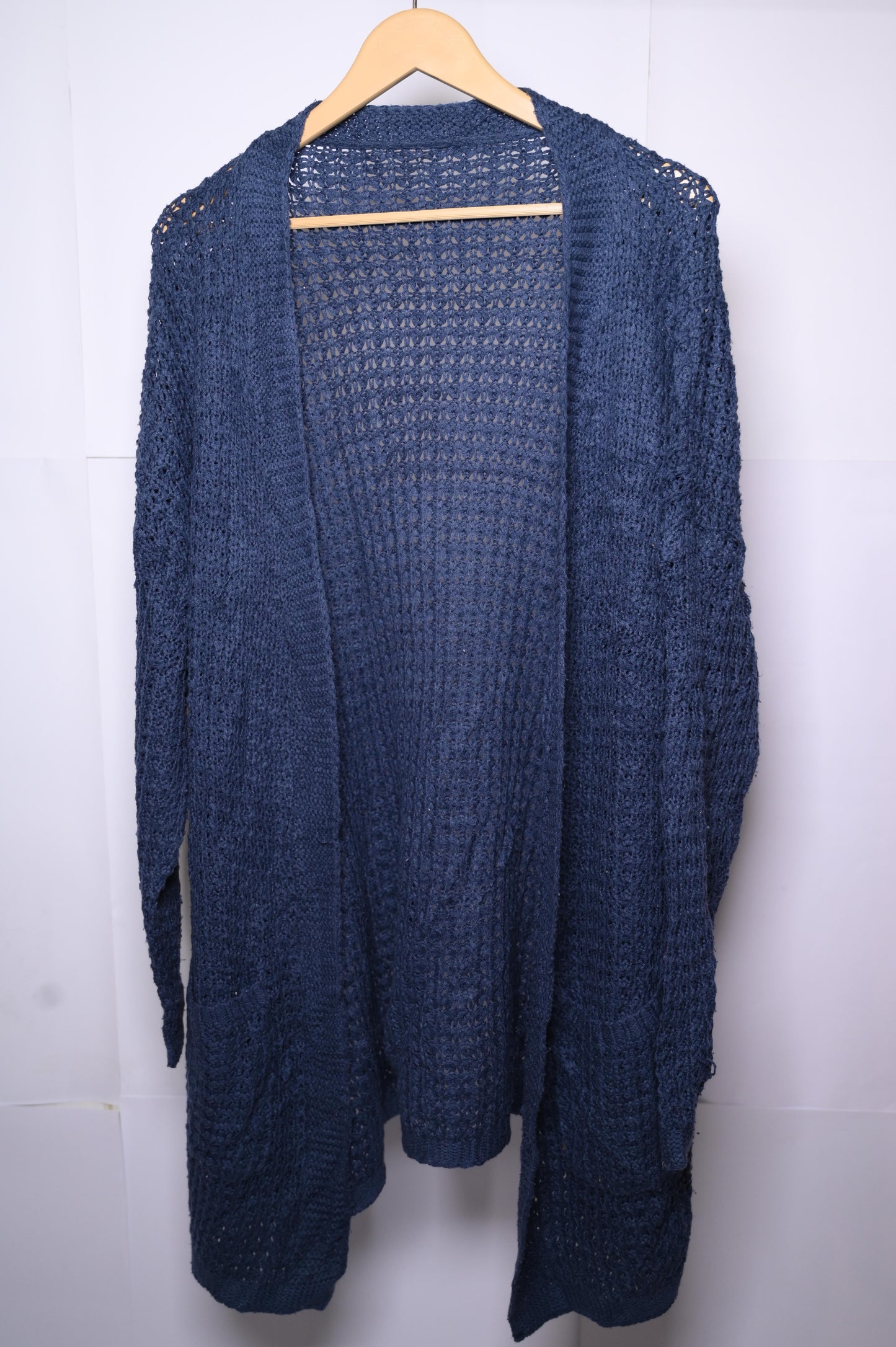 Thriftyfy Navy Blue Knitted Long Shrug – Chic & Cozy Layer