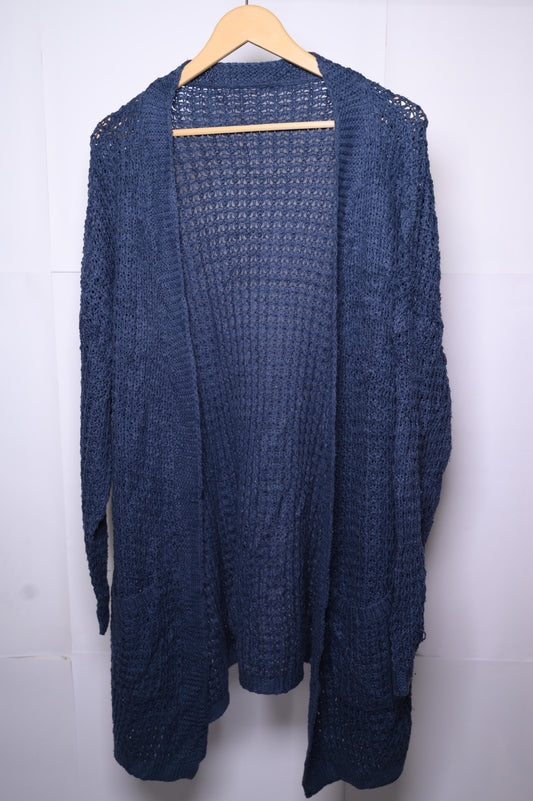 Thriftyfy Navy Blue Knitted Long Shrug – Chic & Cozy Layer
