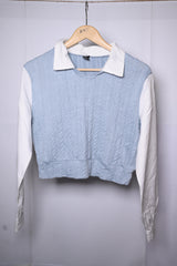 Shein Blue Sweatshirt with White Collar and Sleeves - Small