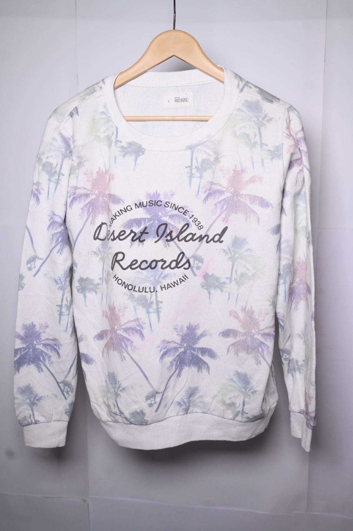 Red Bird White Sweatshirt with Palm Trees - Medium