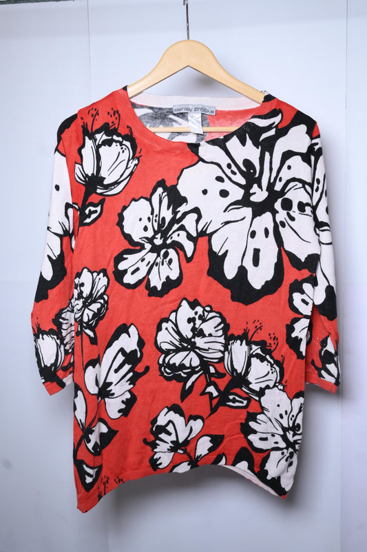 Ashley Brooke Red Blouse with Black and White Flowers