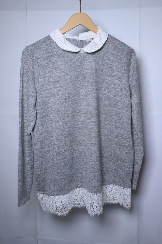 Tu Grey Sweatshirt with White Lace Collar - Medium