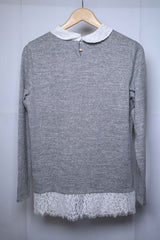 Tu Grey Sweatshirt with White Lace Collar - Medium