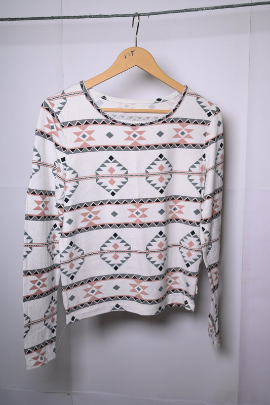 Primark White Sweatshirt with Green & Peach Design (Medium)