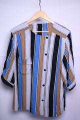 Thriftyfy Blue, Brown, Grey, and Black Striped Blouse – Medium