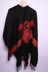 Thriftyfy Black Winter Cape with Red & Orange Roses