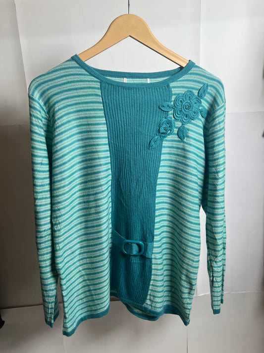 Thriftyfy Blue Sweatshirt with Green Flowers - Medium