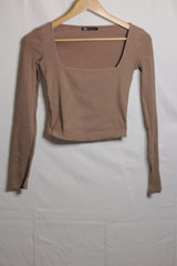 Zara Light Brown Open Collar Crop Top - Small