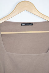 Zara Light Brown Open Collar Crop Top - Small