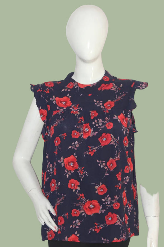 Sweet Rain Black Blouse with Red Floral Design – Medium