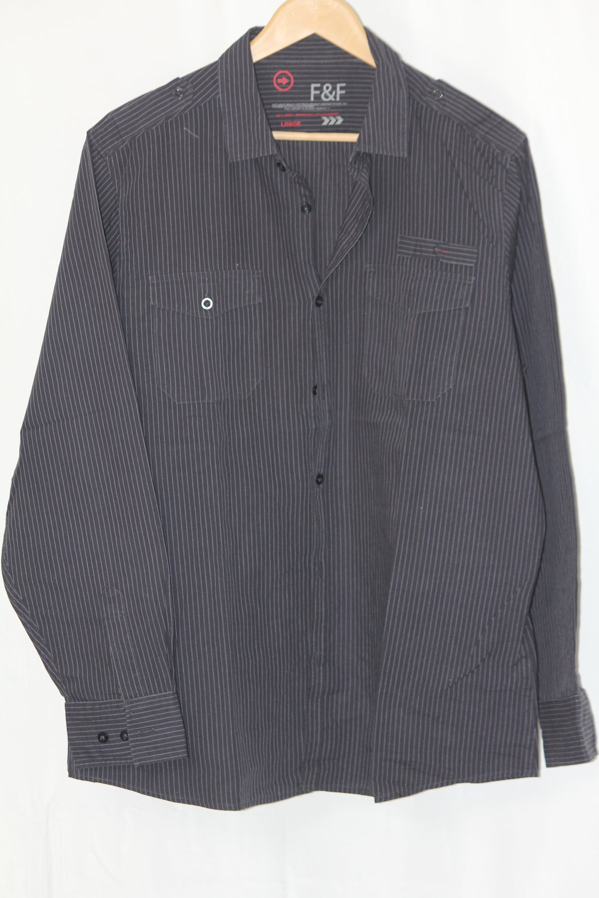 Black Full Sleeve Button-Down Shirt with Grey Stripes – F&F (Large)