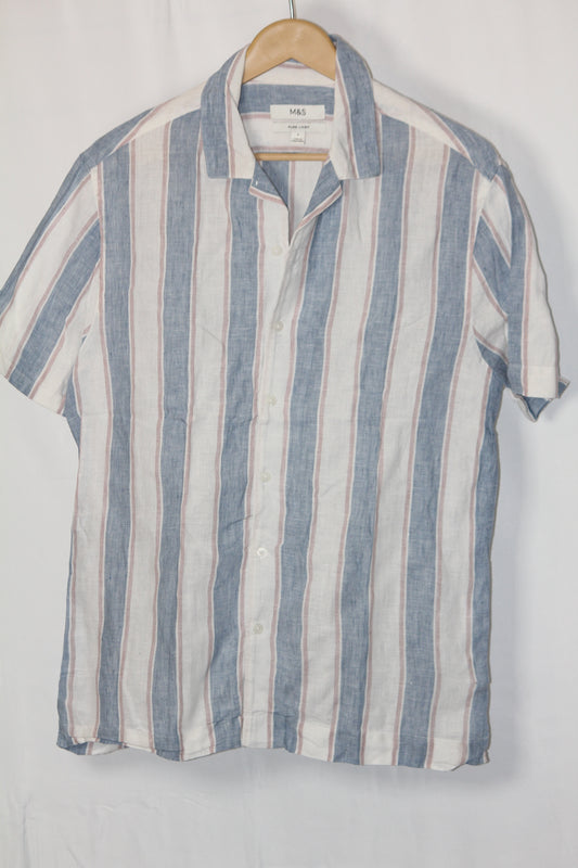 White & Blue Striped Half Sleeve Linen Shirt – Mark & Spencer (Small)