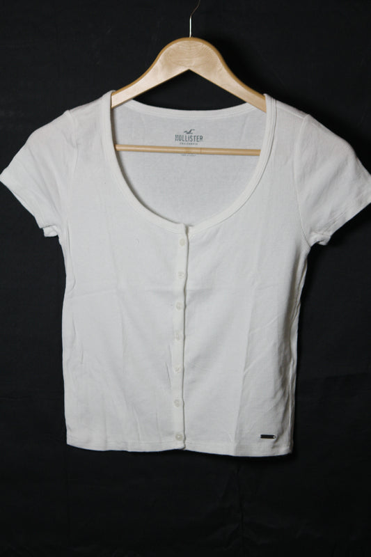 Hollister White Half Sleeve Button-Down Crop Top - XS