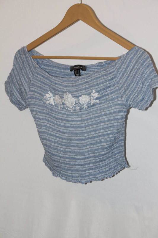 Primark Blue Embroidered Flower Crop Top - Large