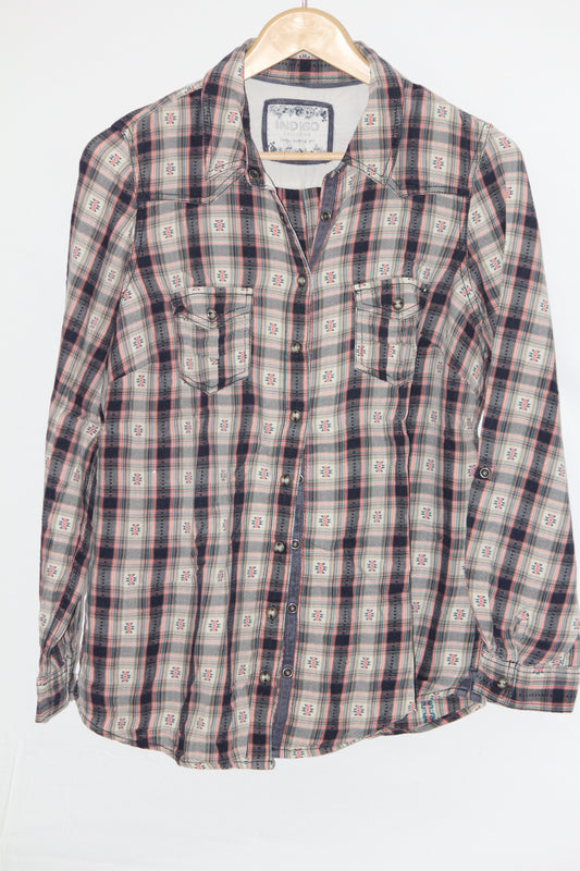 Harvest Plaid – Indigo Black, White & Orange Button Down Shirt