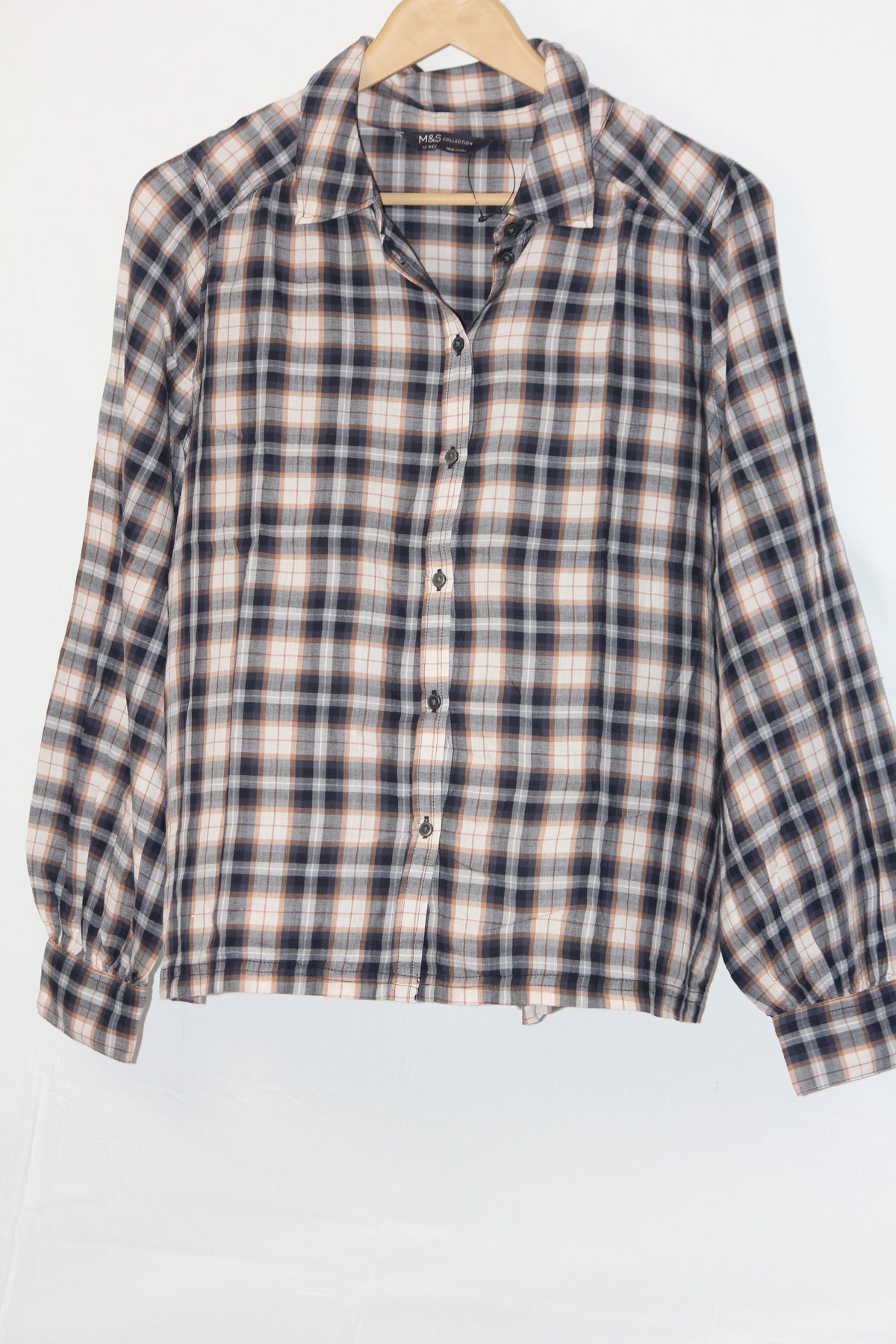 Checked Elegance – M&S White, Black & Light Orange Button Down Shirt