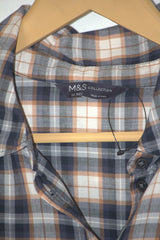 Checked Elegance – M&S White, Black & Light Orange Button Down Shirt