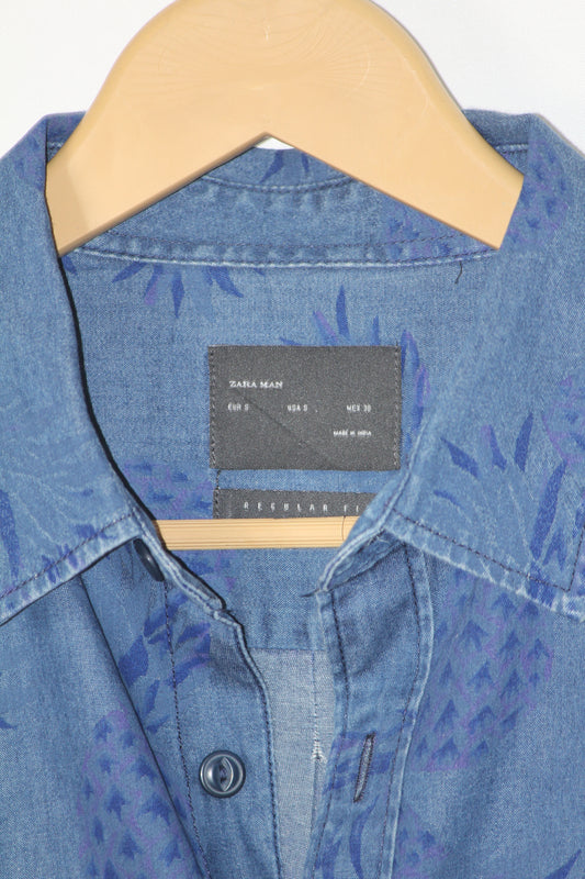 Zara Blue Pineapple Print Denim Shirt – Small (Half Sleeve)