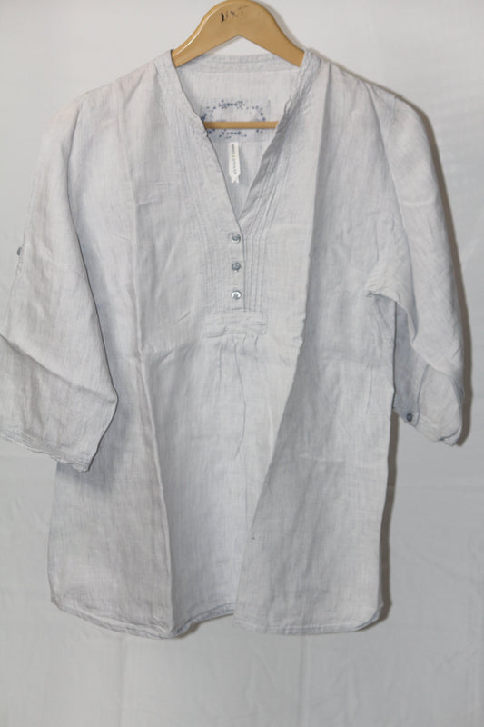 M&S Light Blue Linen Full Sleeve Blouse - Medium