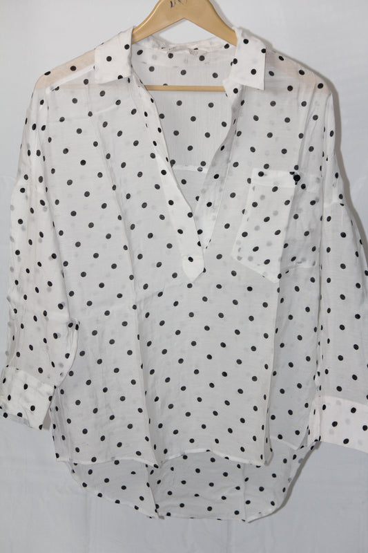 Polka Perfection: White Full-Sleeve Blouse-XS