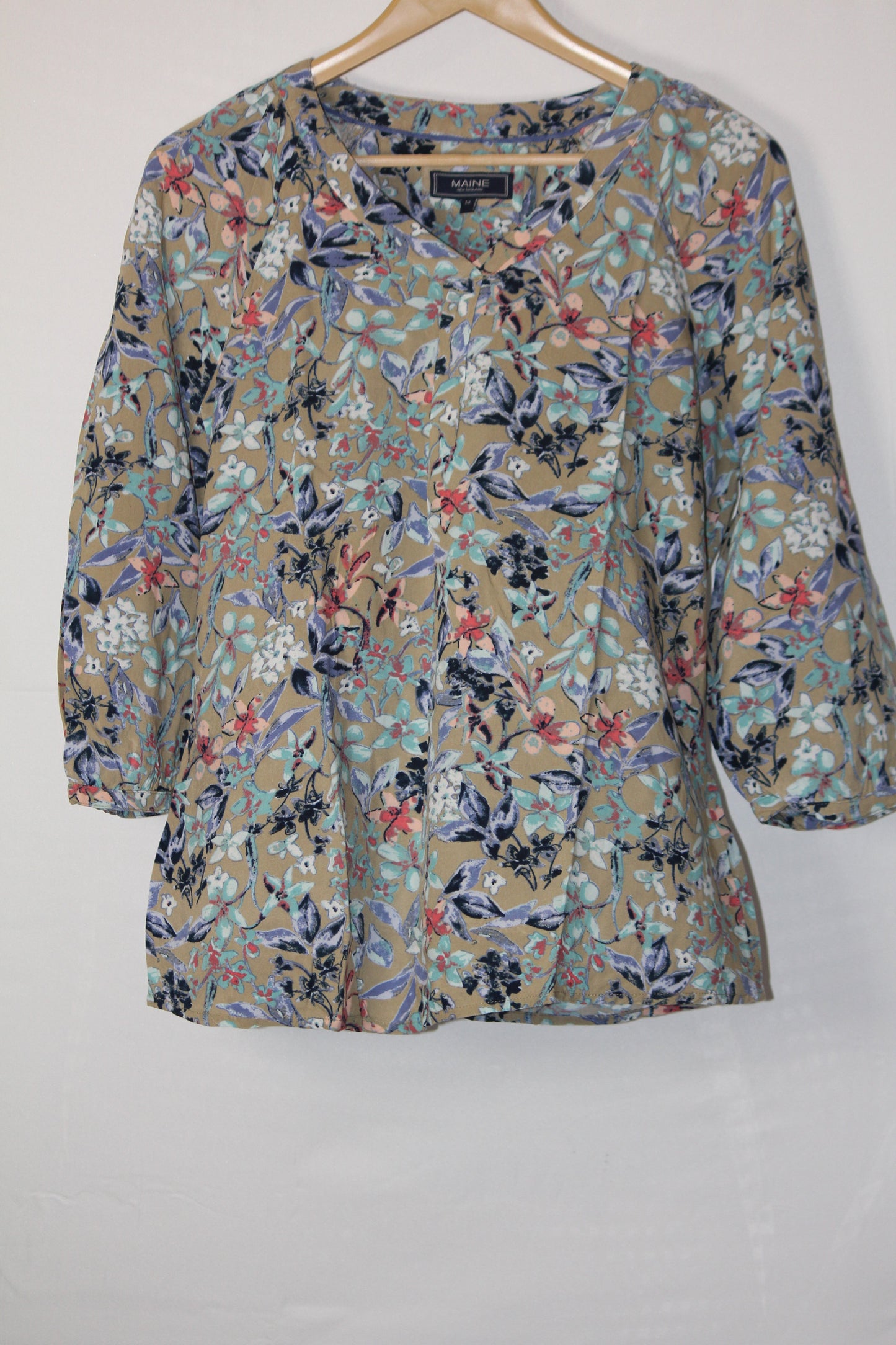 Maine Brown & Blue Floral Full Sleeve Blouse - Medium
