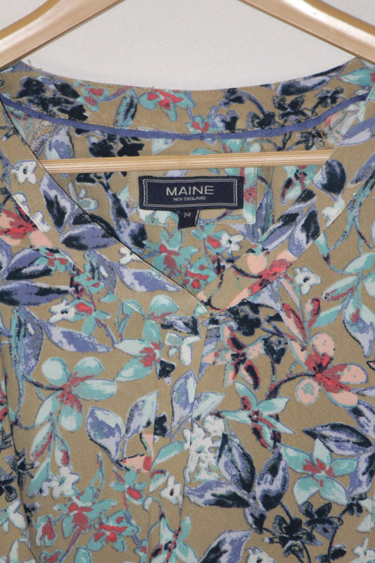 Maine Brown & Blue Floral Full Sleeve Blouse - Medium