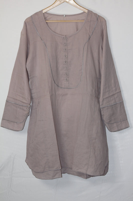 Charcoal Grace: Grey Full-Sleeve Cotton Blouse-Large