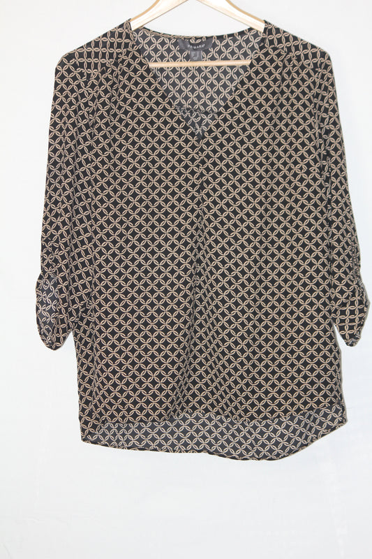 Dual-Tone Elegance: Black & Fawn Full-Sleeve Blouse-Medium