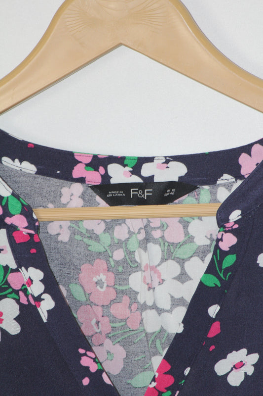 F&F Medium Navy Blue Floral Viscose Blouse
